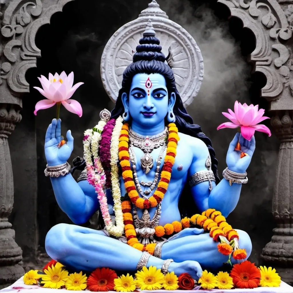 Prompt: Mahakal arti images with flowers and ashes 
