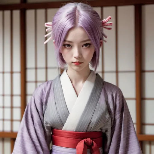 Prompt: A lilac-haired girl in a grey pin-striped kimono and crimson obi