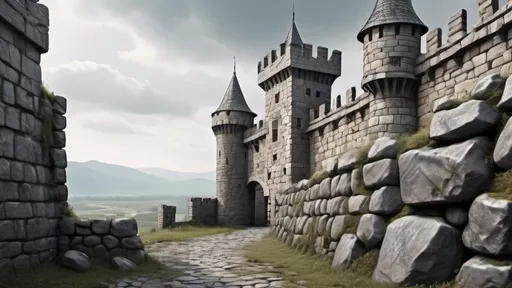 Prompt: realistic fantasy style medieval 
castle wall with grey stones view by far
 moody. battle damage, higher point of view, wide panoramic


