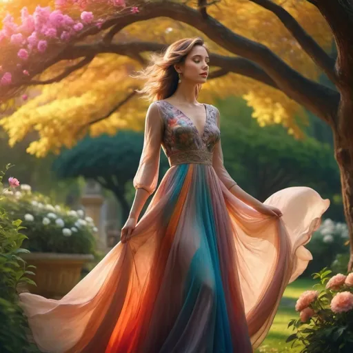 Prompt: (lady standing), dramatic lighting, vibrant colors, high depth, cinematic masterpiece, serene expression, elegant dress flowing in the wind, captivating presence, soft but striking lighting, mesmerizing background, lush garden scenery with blooming flowers and ancient trees, warm tones, colorful flora, ultra-detailed, peaceful atmosphere, 4K resolution.