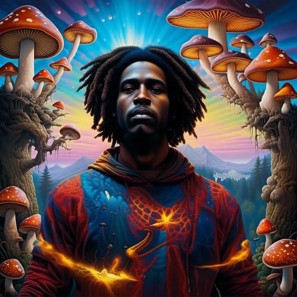 Prompt: <mymodel> a man with dreadlocks standing in front of mushrooms and trees with a bird on his chest and a bird on his chest, Altichiero, funk art, highly detailed digital art, poster art