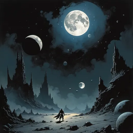 Prompt: dark fantasy, comic style, frazetta, night sky, three moons, two broken moons, glittering debris trailing after the moons. 