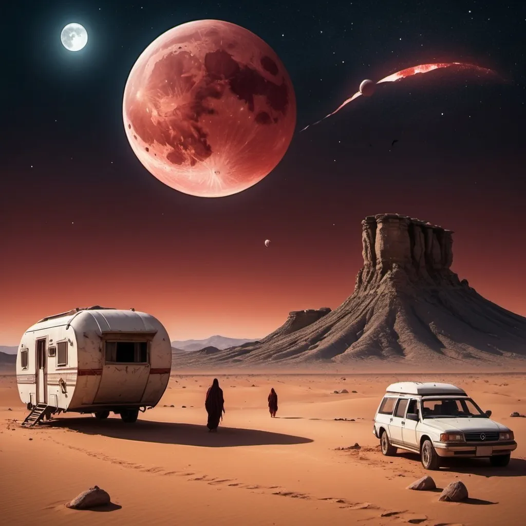 Prompt: ancient, desert, caravan, slender, nomadic people, a dark spirit, blood, alien night sky, three moons, two broken moons, glittering debris trailing after the moons.