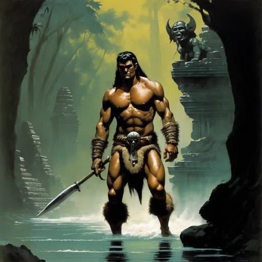 Prompt: savage barbarian man, spear in right hand, Frank Frazetta, dark pulp fantasy, ancient jungle, Cambodia, Indonesia, temple ruins, flooded walkway, stone, megalithic, comic art, realistic