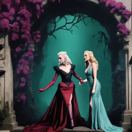 Prompt: a woman in a red and black dress is singing into a microphone while a man in a brown jacket stands behind her, optical illusion, dress, a stock photo  Louis Icart art/Dan Mendoza art/Max Fleischer art/crimson/cyan/Candice Swanepoel/chartreuse/cliffs/celeste/Cleopatra/cemetery/dreadlocks/Daenerys Targaryen/dark/dahlias/dream-like/dandelions/Dolly Parton/Dorothy Gale/door to another world/explosion/ecru/eccentric/enchanted/emerald/ebony/ethereal/Emma Stone/emo/Emerald City/eggplant/electric indigo/Emma Roberts/feathers/Elsa Hosk/fantasy/fireworks/Erin Heatherton/fairytale/forest/Emmy Rossum/forbidden/gigantic flowers/gypsy/Gigi Hadid/gothic/Gotham City/gray/guilded/Glinda/gold/green/greenhouse/Gisele Bundchen/heavenly/hippy/haunted/Harley Quinn/hot pink/ice blue/long hair/maroon/Naomi Campbell/navy/purple/peony/rose/stars/swirls/turquoise/tall trees/trail/underground/vines/violets/Vivien Leigh/wisteria/yellow/overgrowth/thistle/Morticia Addams/red/mysterious/dead