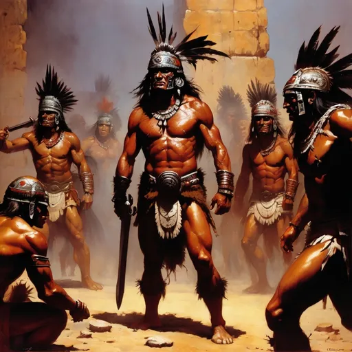 Prompt: Ancient city, Aztec, Mayan, Mood God, Warriors gathered at midnight, Frazetta, Royo, blood, mezoamerica, standoff, primitive war, authentic weapons