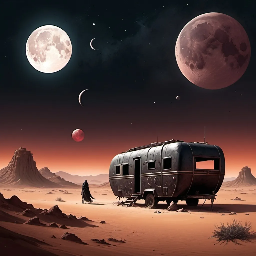 Prompt: dark fantasy, comic style, frazettta, ancient, desert, caravan, slender, nomadic people, a dark spirit, blood, alien night sky, three moons, two broken moons, glittering debris trailing after the moons. 