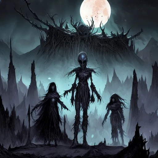 Prompt: dark fantasy, comic style, frazettta, ancient, desert,  slender, nomadic people, a dark spirit, blood, alien night sky, three moons, two broken moons, glittering debris trailing after the moons. 