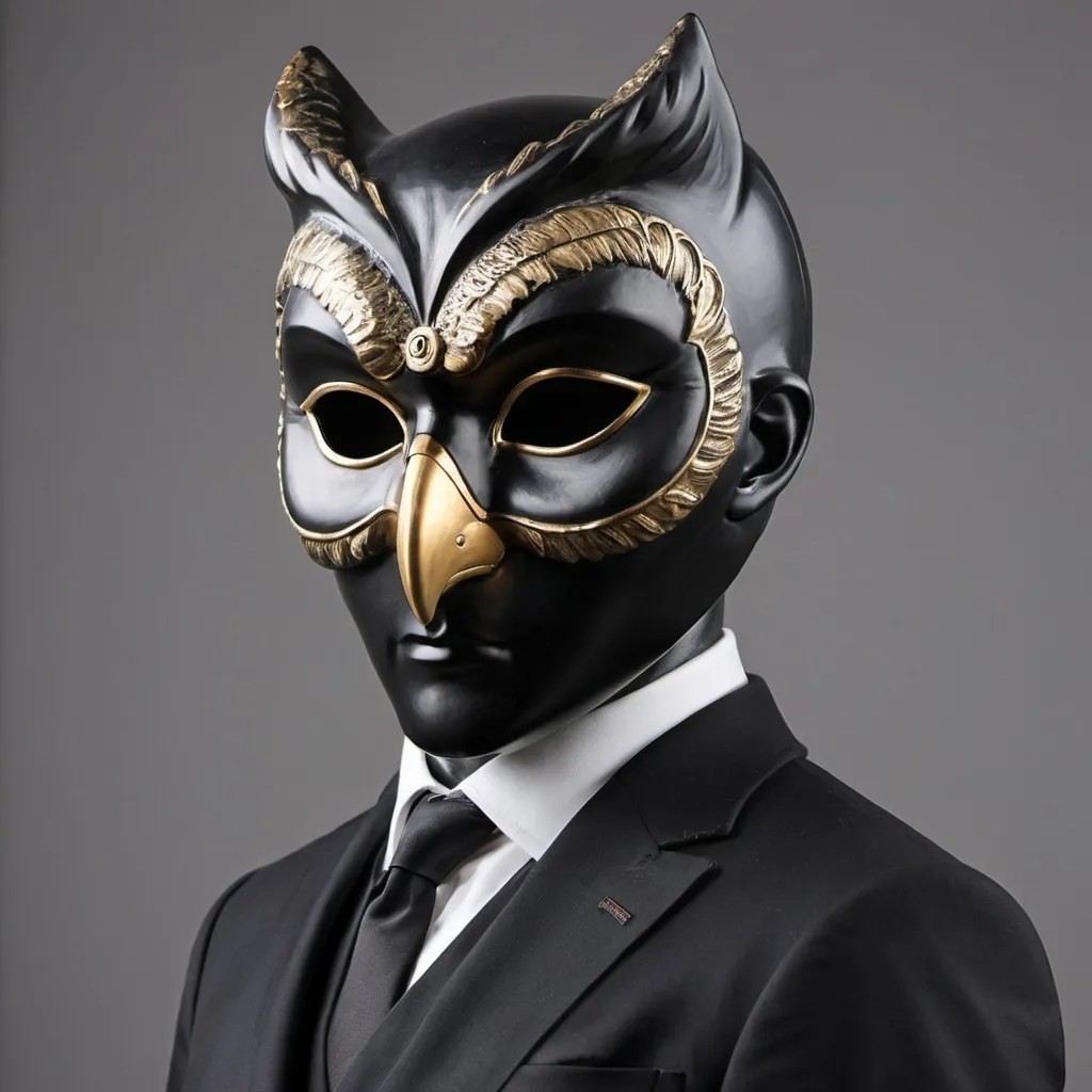 Prompt: Italian mask with black suit and owl on shoulder

