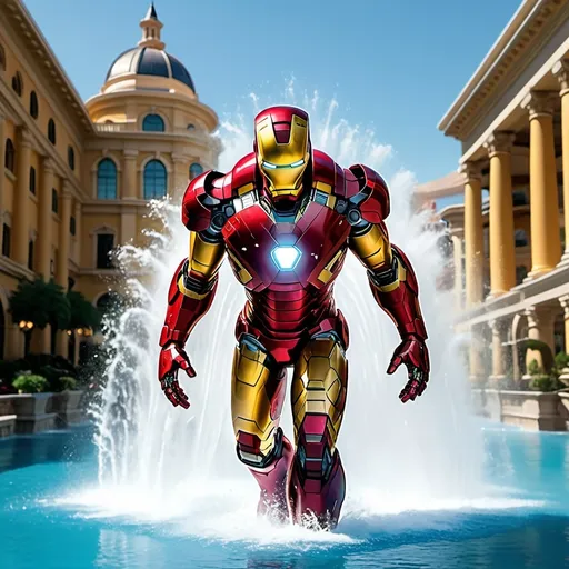 Prompt: Picture Iron Man landing in the Bellagio pools
