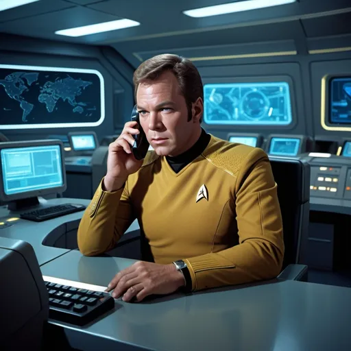 Prompt: (Captain Kirk in a Network Operations Center on the phone at a helpdesk), detailed Starfleet uniform, helpdesk environment, computers and futuristic consoles, determined expression, warmly lit room, glowing holographic displays, sleek futuristic office furniture, soft blue tones with accents of yellow and silver, mildly cluttered desk, advanced technology, photorealistic, cinematic lighting, high contrast, high detail, dynamic shadows, 4K resolution, ultra-detailed, immersive atmosphere, Star Trek aesthetics, professional setting