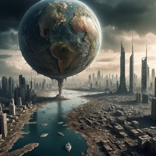Prompt: world in 3050 apocalyptic agains a future planet thatis fanctional no water
