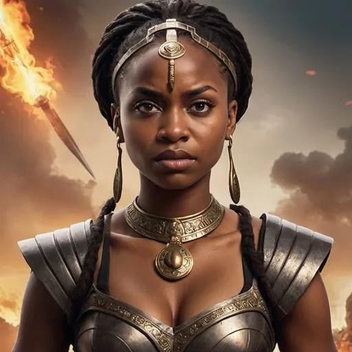 Prompt: TV series Poster Titled Misogyny showing worl of story . Inmani the protagonist a female warrior  takes over the world. Apcalyptic worls disaster. Imani is African 
