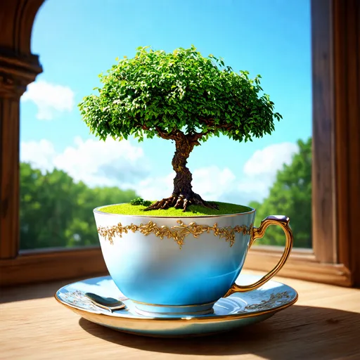 Prompt: Surreal fantasy plum tree in tea cup. UHD. HDR. 8K. Photorealistic. Surrealism 