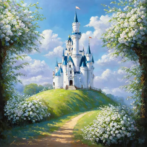 Prompt: Fantasy white castle surrounded by white rose bushes on a hill, oil painting, dreamy atmosphere, high quality, detailed brushwork, fairy tale, romantic, soft lighting, pastel tones, enchanting, majestic, magical, ethereal, castle details, lush environment, whimsical, mystical 