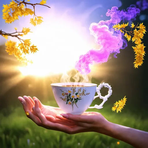 Prompt: background - the embrace of the summer sun, in the foreground - golden linden flowers flying separately, fingers grasping, a beautiful delicate romantism time mug with steaming tea, the whole picture radiates a glowing feeling of happiness, rococo romanticism wrapped in soft purple and pink smoke. , concept art, painting, 3D rendering, product