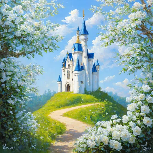 Prompt: Fantasy white castle surrounded by white rose bushes on a hill, oil painting, dreamy atmosphere, high quality, detailed brushwork, fairy tale, romantic, soft lighting, pastel tones, enchanting, majestic, magical, ethereal, castle details, lush environment, whimsical, mystical 