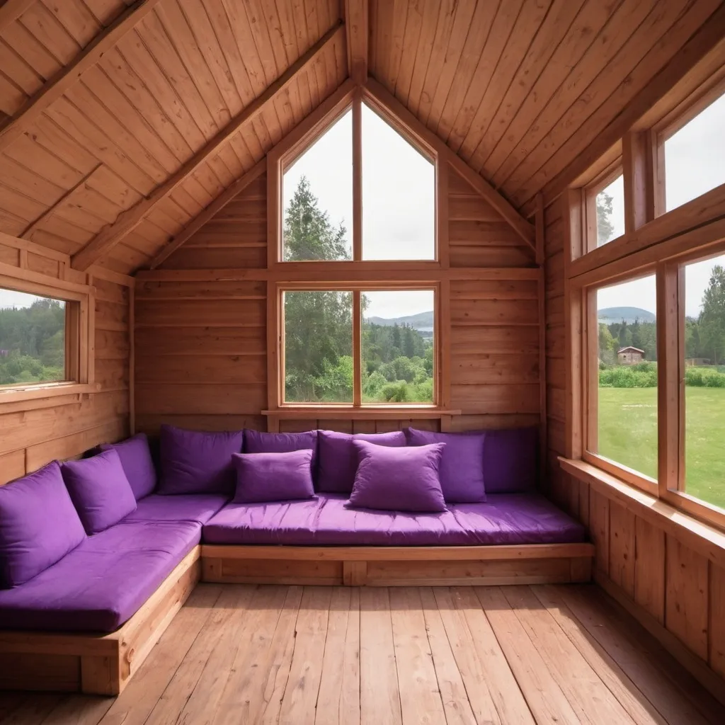 Prompt: inside of a wooden house with the outside being purple