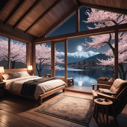 Prompt:  first-person view from inside a huge wood cabin nestled in the mountains, amidst a breathtaking landscape of cherry blossom trees, lakes, and snow. The cabin is thoughtfully designed with a modern touch, while still embracing a cozy atmosphere. The scene portrays a moonlit midnight setting, immersing the viewer in a peaceful and tranquil experience.