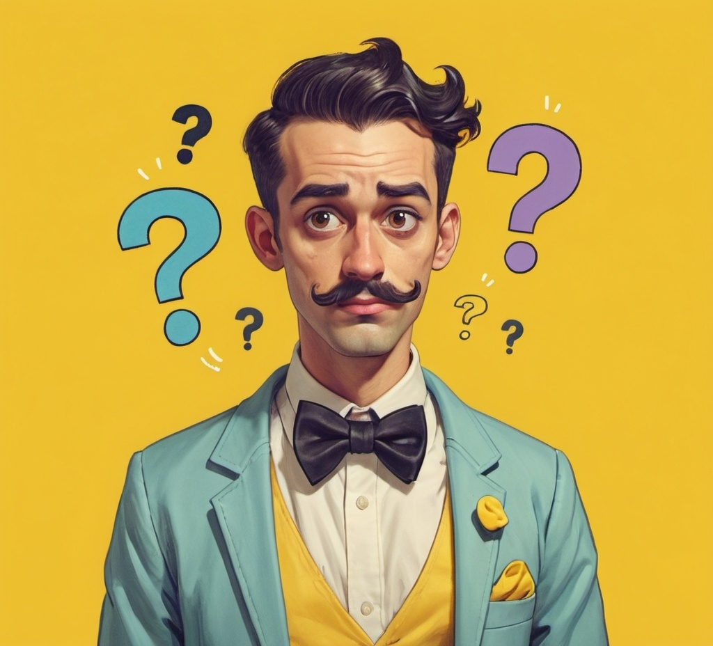 Prompt: a cartoon character with a bow tie on his chest and a question mark on his chest, with a yellow background, artist, lowbrow, small, a pastel