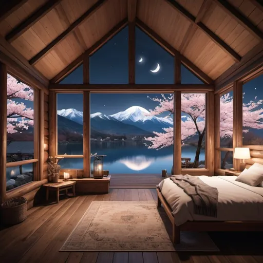 Prompt:  first-person view from inside a huge wood cabin nestled in the mountains, amidst a breathtaking landscape of cherry blossom trees, lakes, and snow. The cabin is thoughtfully designed with a modern touch, while still embracing a cozy atmosphere. The scene portrays a moonlit midnight setting, immersing the viewer in a peaceful and tranquil experience.