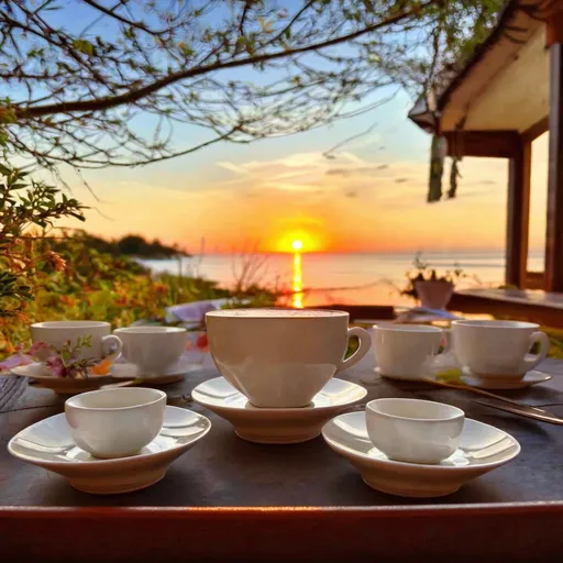 Prompt: Tea Cups With Sunset Tea Inside The Tea Cups, Relax Sunset