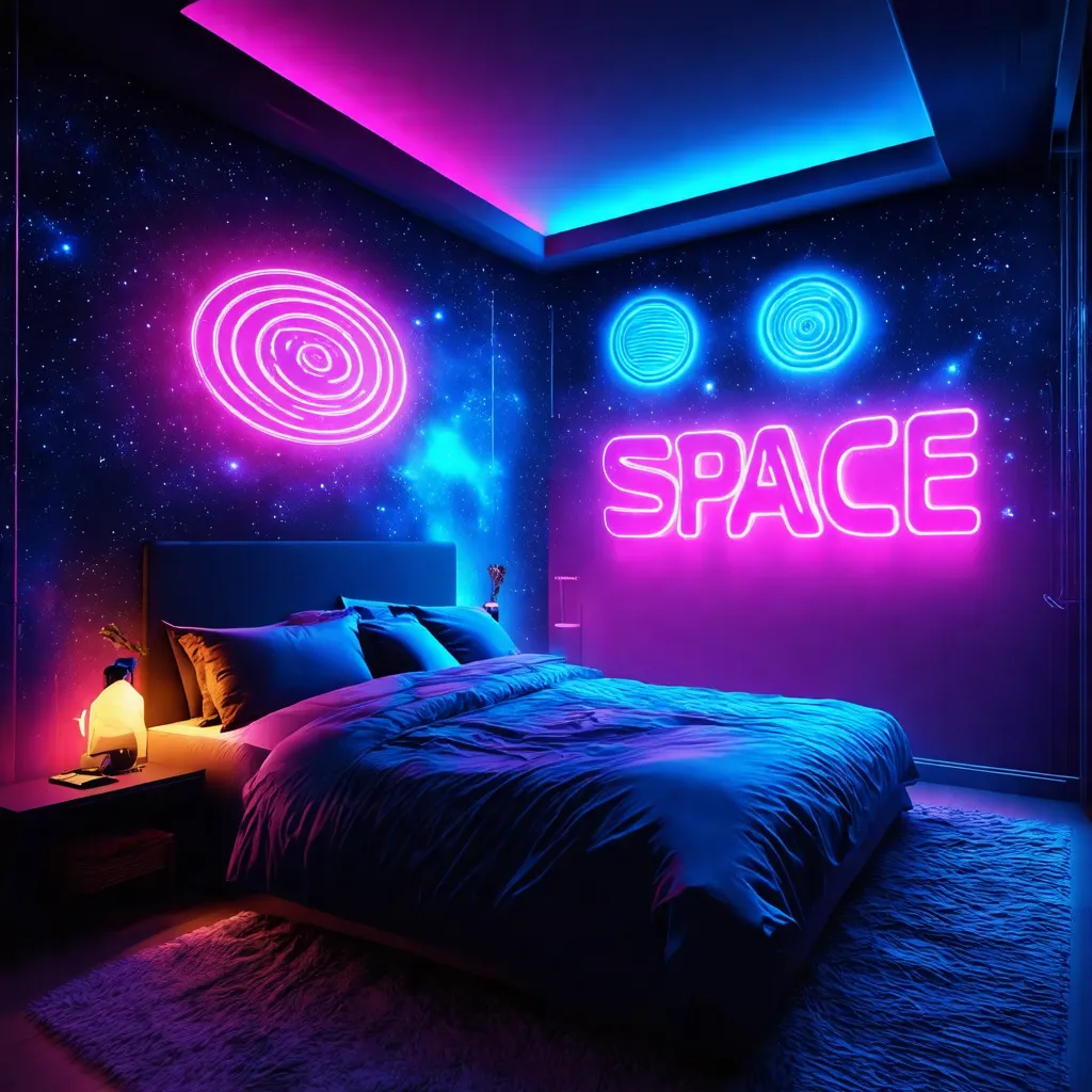 Prompt: Space bedroom, photorealistic, high definition, neon lighting