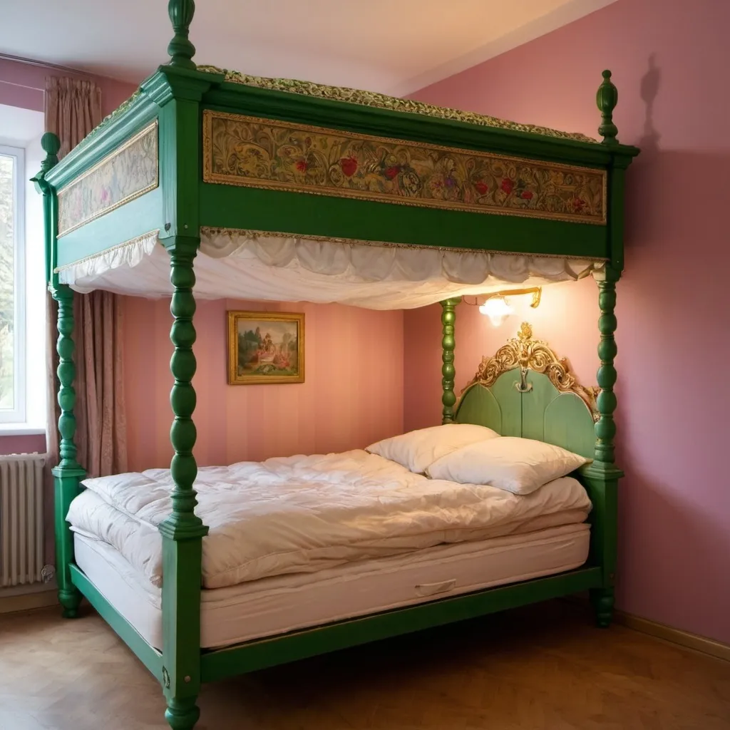 Prompt: The bed from fairy tale Princess and Pea. twenty mattresses, and then twenty eider-down beds on top of the mattresses