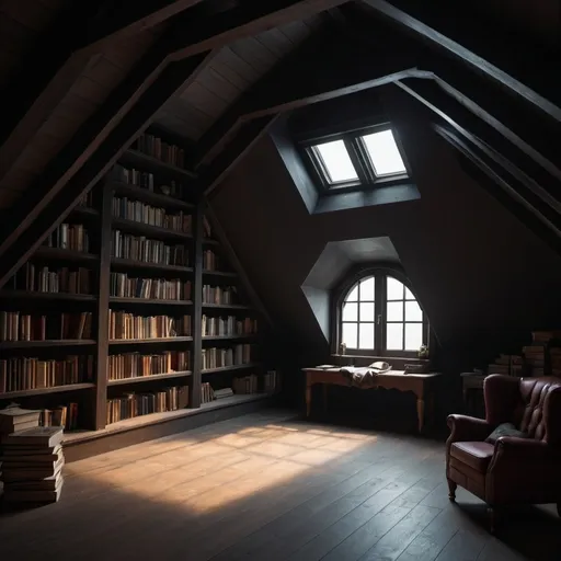 Prompt: dark academia attic,with book shelves, and a little window