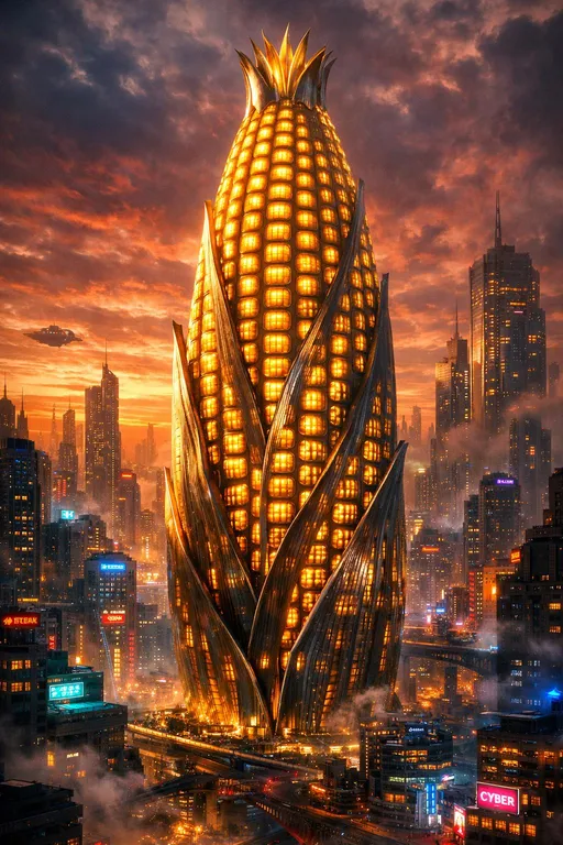 Prompt: Create a cinematic, ultra-detailed render of a massive futuristic skyscraper designed in the shape of an ear of maize. Each kernel is a glowing window, forming a geometric pattern across the building’s curved surface. The structure towers over a dense cyberpunk city, illuminated by neon lights, mist, and a dramatic sunset sky.”