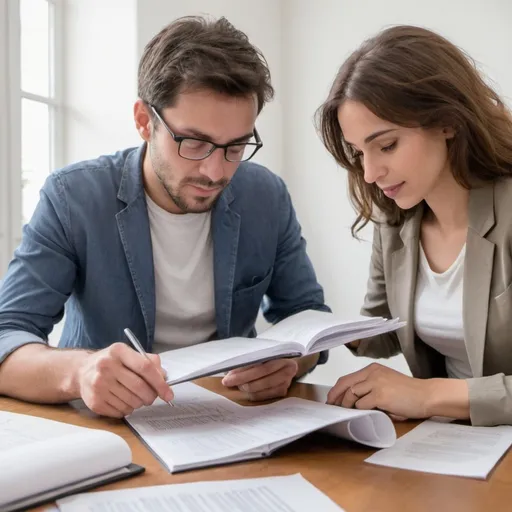 Prompt: Donne moi une image d'un homme et une femme assist entrain de lire des documents ensemble 