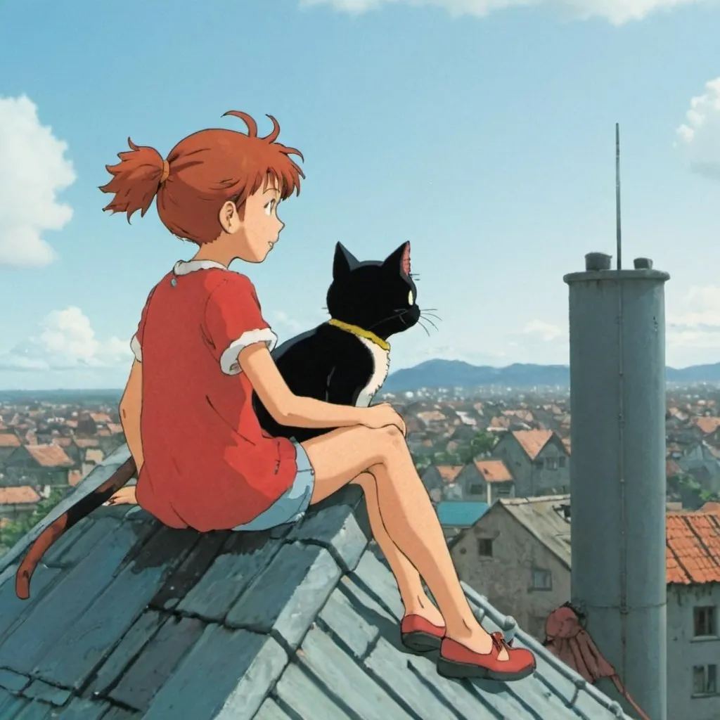 Prompt: A girl and her cat sitting on the top of a building
