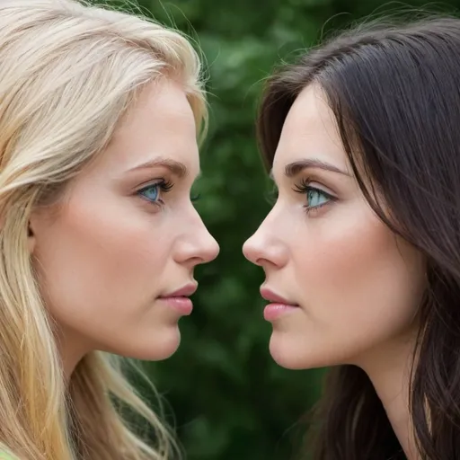 Prompt: Blonde woman blue eyes in profile looking at a brunette green eyes in profile
