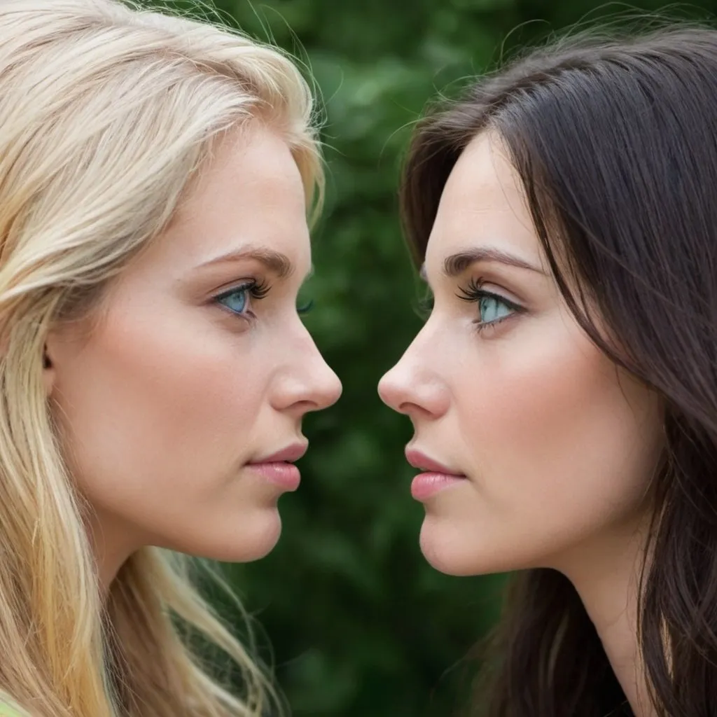 Prompt: Blonde woman blue eyes in profile looking at a brunette green eyes in profile
