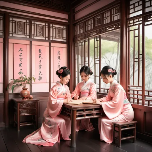 Prompt: "In a serene, classical study room, two elegant and beautiful girls sit gracefully at an ornate wooden desk, wearing traditional Chinese peach-pink attire. The desk is adorned with brushes, inkstones, and ancient scrolls. Soft light filters through lattice windows, casting a peaceful glow on bamboo and lanterns, creating an atmosphere of calm, harmony, and beauty, where traditional culture blends with peaceful conversation."

This prompt should convey the peaceful and elegant setting you have in mind.