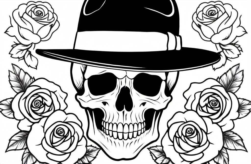 Prompt: skull tattoo wearing a fedora with roses in background, black and white image only and white background
