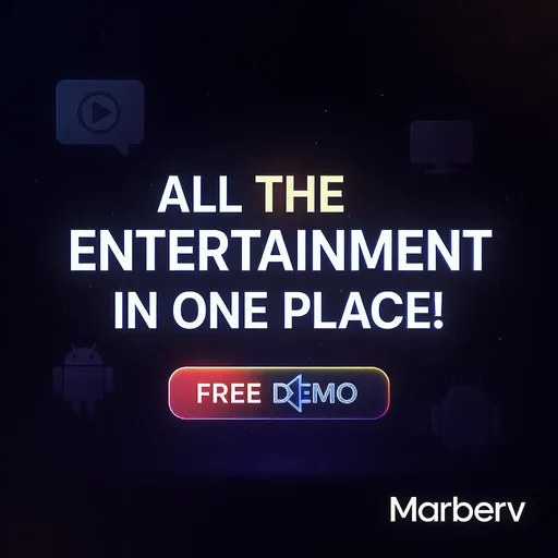 Prompt:     Fondo: Degradado oscuro con efectos de luz sutil (como neón o partículas brillantes) para dar un toque futurista.

    Texto destacado: ‘¡TODO EL ENTRETENIMIENTO EN UN SOLO LUGAR!’ en tipografía bold y moderna, con efecto de brillo o sombra paralela.

    Elementos visuales: Íconos de películas, series y TV en HD (flotando alrededor del diseño).

    Dispositivos: Siluetas o logos de Fire TV Stick, Samsung, Android TV y LG integrados de forma dinámica.

    Oferta: Etiqueta llamativa con ‘DEMO GRATIS’ en rojo/amarillo o neón.

    Call-to-Action (CTA): Botón o texto resaltado que diga ‘PRUÉBALO AHORA’ con efecto 3D o hover (para versión digital).

    Marca: Logo de la marca (ejemplo: ‘Marberv’) en la esquina inferior derecha con efecto de luz suave.