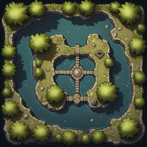 Prompt: (battle map) top down, tomb, overgrown forest, deep under ground