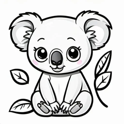 Prompt: Koala, coloring page, kawaii style, cartoon, clean line art, low detailed, kids, white background