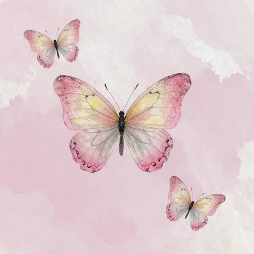 Prompt: This is a digital watercolor-style drawing featuring three butterflies against a soft, pastel pink and white textured background. The largest butterfly, positioned centrally, has delicate, translucent wings that transition from a pale yellow at the center to a soft pink at the edges. Its wings are adorned with subtle black vein-like patterns and small pink dots near the edges. Two smaller butterflies are positioned to the upper left and lower right of the central butterfly, mirroring its color gradient and pattern. The background consists of a gentle wash of pink and white, with slightly darker pink and white cloud-like shapes adding depth and texture. The overall composition is delicate and serene, with a focus on the gentle interplay of colors and the soft, airy texture of the background. The butterflies' wings are detailed with fine lines and gentle shading, giving them a lifelike yet whimsical appearance. The image exudes a sense of lightness and tranquility, reminiscent of a gentle spring morning.