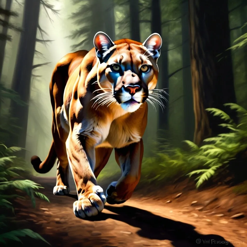 Prompt: Mountain lion following a hiker, realistic digital painting, dense forest setting, detailed fur and muscles, focused predatory gaze, high quality, realistic, dramatic atmosphere, dramatic lighting, wildlife, intense, realistic digital painting, dense forest setting, detailed fur and muscles, focused predatory gaze, high quality, dramatic atmosphere, dramatic lighting