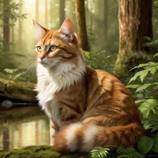 Prompt: Skyclan leader Leafstar in a lush forest, detailed fur with warm reflections, thoughtful gaze, natural lighting, high quality, detailed eyes, professional, traditional art, forest setting, amber eyes, 
brown and cream tabby fur, peaceful atmosphere, leader, detailed environment, calm and serene, thoughtful expression, she-cat