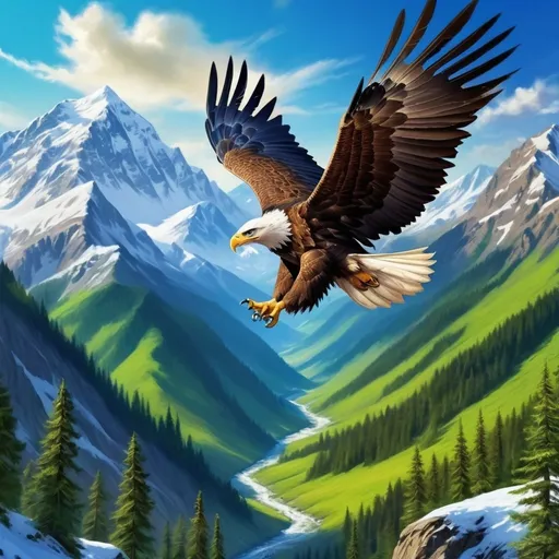 Prompt: Eagle soaring over a majestic mountain valley, realistic digital painting, snow-capped peaks, lush green forests, vivid blue skies, dynamic lighting, high resolution, realistic, detailed feathers, epic landscape, nature, dramatic lighting, vibrant colors, dynamic composition