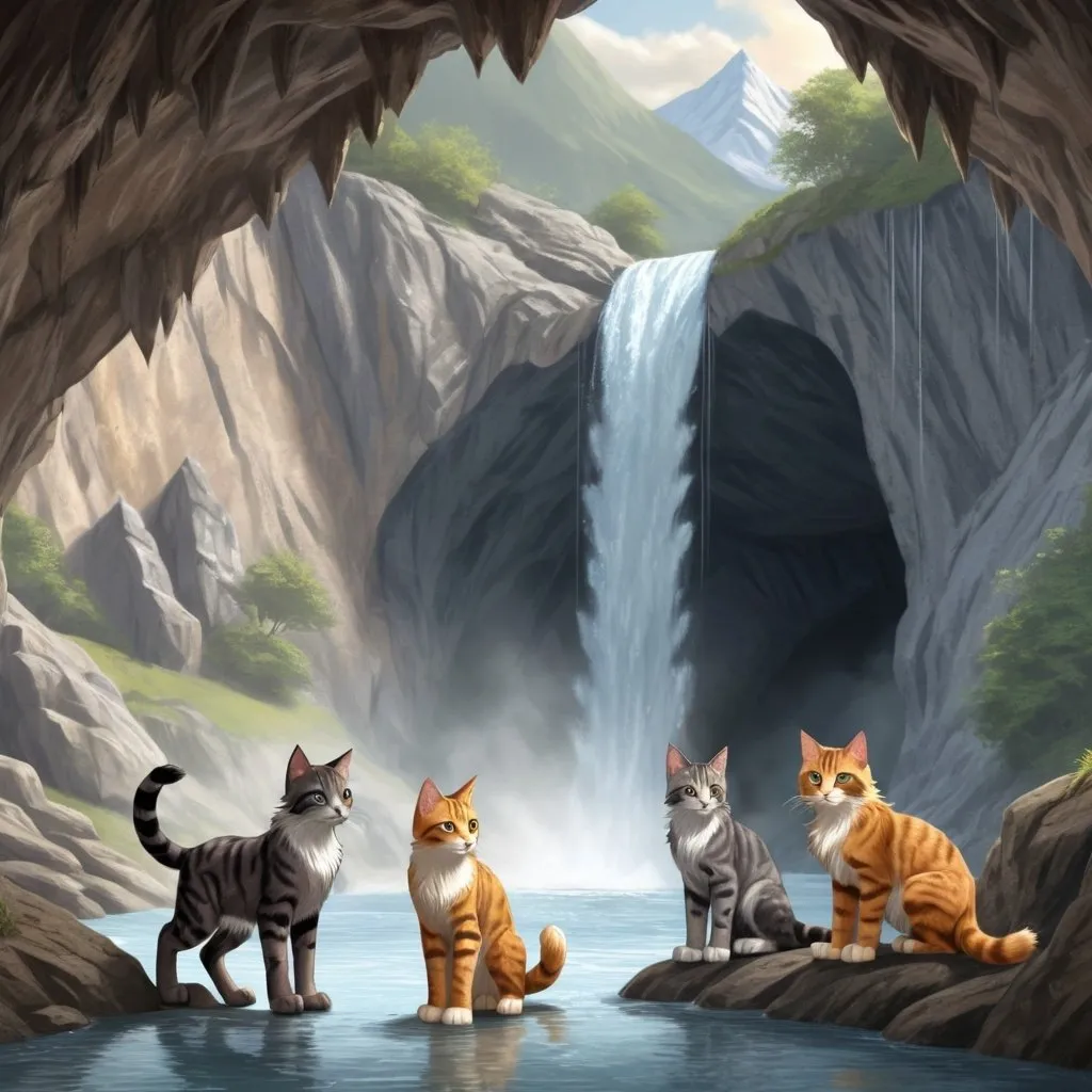 Prompt: four warrior cats entering a cave with a waterfall, distant mountain background, serene atmosphere, high quality, realistic, detailed fur, natural colors, peaceful, detailed eyes, cave interior, flowing waterfall, distant mountains, serene, highres, ultra-detailed, realistic, peaceful atmosphere, natural colors, detailed fur, cave scenery, mountain background