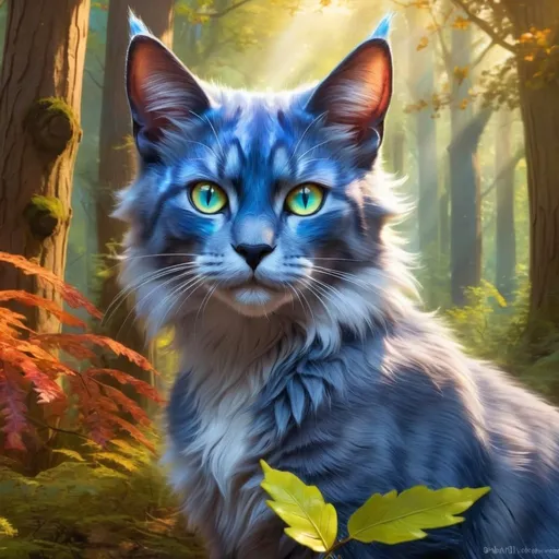 Prompt: Warrior cat Bluestar in a vibrant oak forest, semi-realistic, fantasy, intense gaze, detailed fur with warm reflections, high quality, vibrant colors, daytime, detailed eyes, semi-realistic, fantasy, oak forest, intense gaze, vibrant, professional, atmospheric lighting