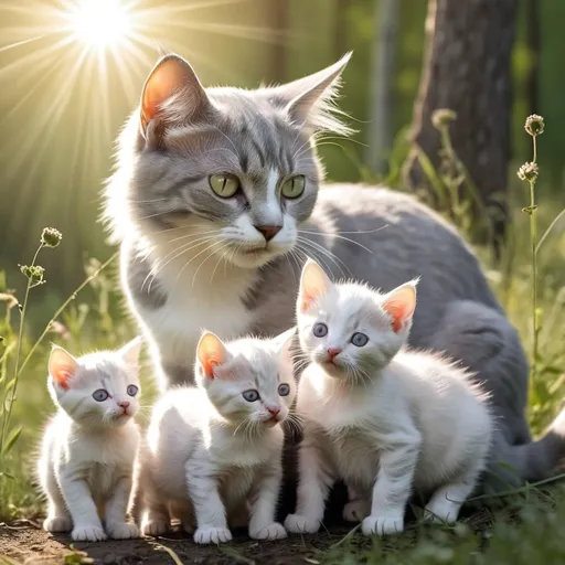 Prompt: light gray warrior she-cat having three kittens suckling her belly for milk, white warrior cat Tom staring down at young kittens, small meadow, lush forest, sun beams, happy expression, masterful, wonderful, amazing, cute, elegant 