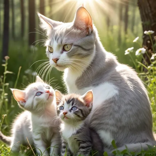 Prompt: light gray warrior she-cat having three kittens suckling her belly for milk, white warrior cat Tom staring down at young kittens, small meadow, lush forest, sun beams, happy expression, masterful, wonderful, amazing, cute, elegant 