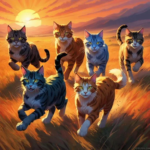 Prompt: five running warrior cats on open field, distant sunset on the horizon, dynamic motion, vibrant colors, high quality, painted illustration, fantasy, epic, warm tones, dynamic lighting, detailed fur, wilderness, determined expressions, powerful, fierce, action-packed