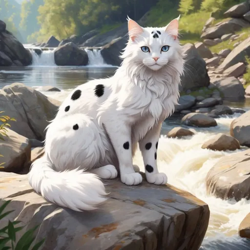 Prompt: White warrior cat with a few black spots and paws sunning herself on rock big flat rock near river, majestic, masterpiece, perfect, unique, lovely, semi-realistic, lore accurate, fluffy fur, light tone, calm eyes, warm setting, fast river, river spray, small waterfall