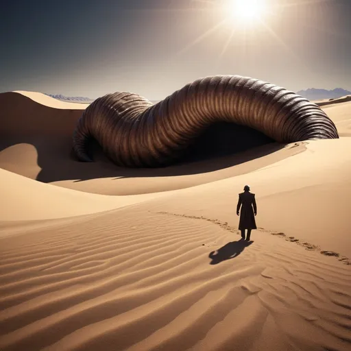 Prompt: Giant eyeless sand worm emerging from the desert, realistic sand texture, massive scale, high resolution, cinematic, sci-fi, desert landscape, sand dunes, deep shadows, intense burning sunlight, classic film noir style, detailed scales, menacing presence, dramatic lighting, clear skys